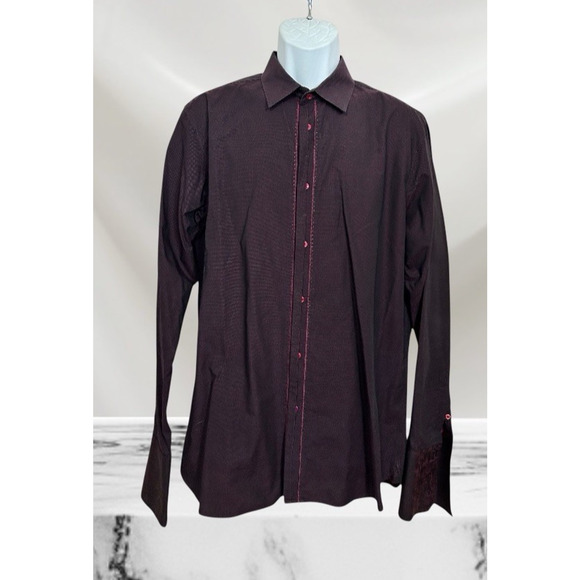 Men's TED BAKER Dark Red Dress Shirt Men Sz 16 Pinpoint Long-Sleeve Cotton - Picture 1 of 7